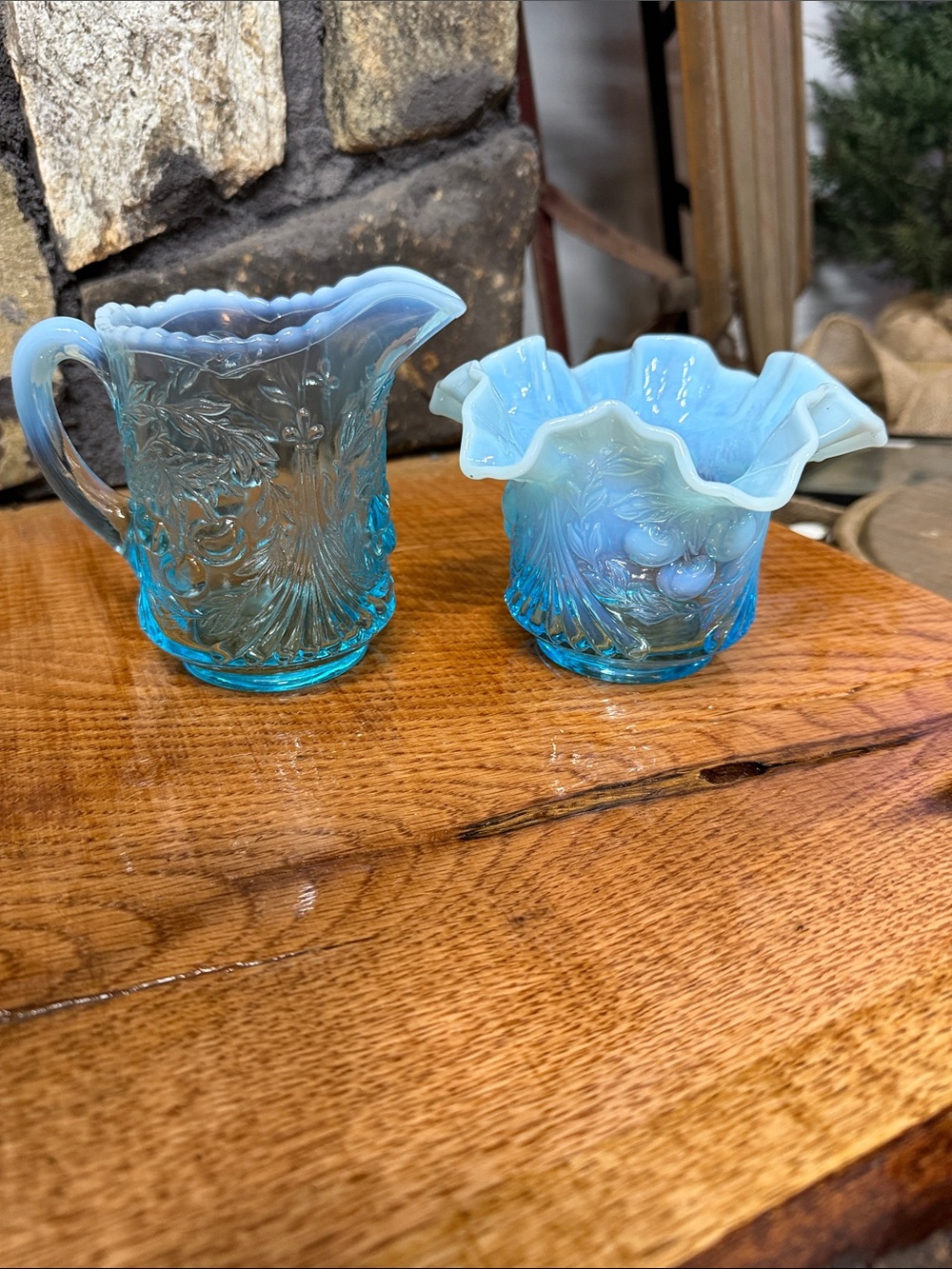 Blue Opalescent Carnival Glass Creamer and Ruffled Sugar Bowl